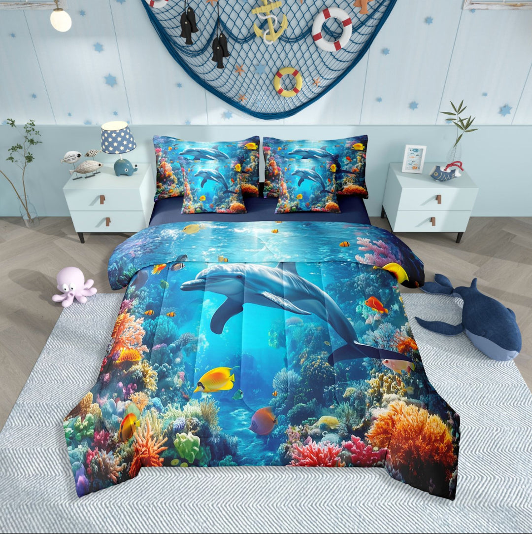 Erosebridal Sea Dolphin Bedding Sets Twin Size,Marine Wildlife Comforter Sets with Sheets,Underwater World Decor,Reversible,Breathable,7-Piece