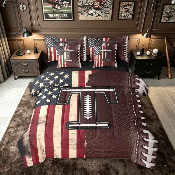 meiyoeat Football Letter T Full Size Bedding Sets for Men Boys, US Flag Initial Full Size Bed in a Bag for Game Day, Brown, Black Reversible, 7-Piece