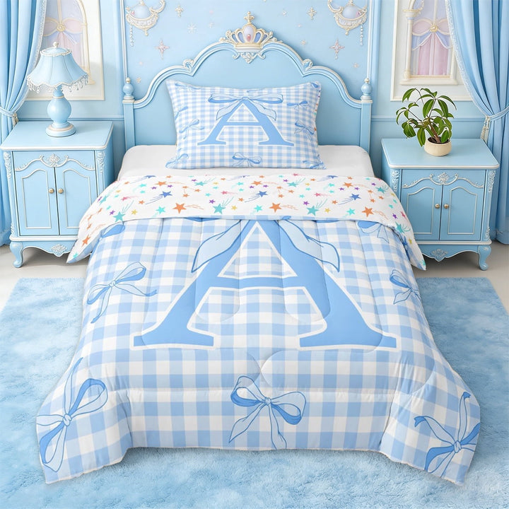 Erosebridal Cute Coquette Bow Twin Comforter Sets For Girls,Blue Alphabet A Theme Kids Bedding Set,Colorful Stars Reversible,2pcs