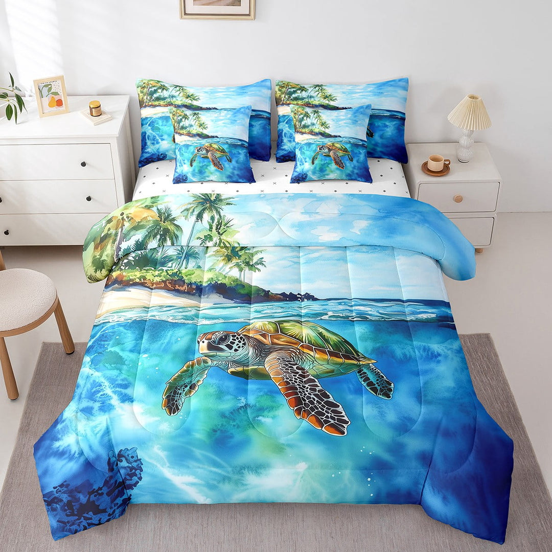 Erosebridal Sea Turtle Comforter Set Twin Size 7 Pieces Palm Tree Ocean Marine Beach Themed Bedding Set Hawaiian Tropical Island Bed in a Bag with Comforter,Sheets