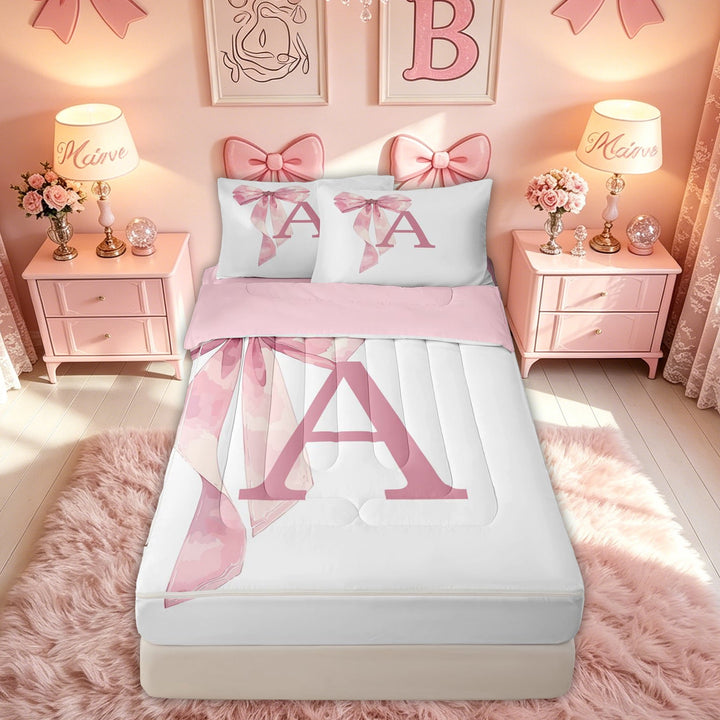 meiyoeat Pink Watercolor Bow Letter A Zipper Twin Comforter Sets with Fitted Sheet and 2 Pillowcases for Girls, Cute Princess Monogram Zipper Bedding Set, Pink Reversible, 4 Pieces