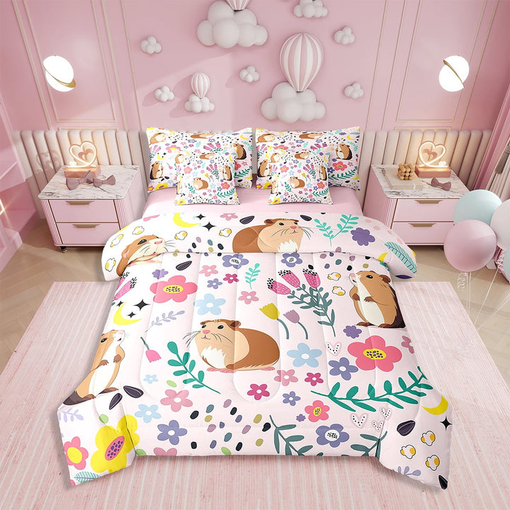 7 Pieces Bed in a Bag Twin Comforter Set with Sheets,Floral Guinea Pig Design Bedding Sets for All Season (1 Comforter, 2 Pillow Shams, 1 Flat Sheet, 1 Fitted Sheet, 2 Pillowcases)
