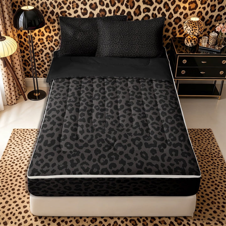 Meiyoeat Animal Cheetah Print Zipper Full Size Comforter Sets with Fitted Sheet and 2 Pillowcases, Minimalist Spot Pattern Zipper Bedding Set, Dark Gray,4pcs,Black Reversible