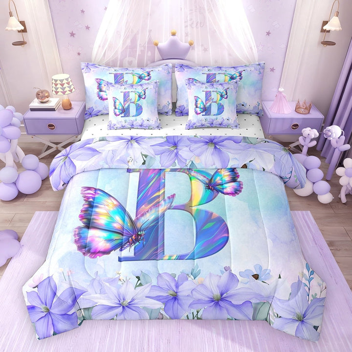 Erosebridal Purple Butterfly Twin Bedding Sets for Girls, Garden Flower Floral Bedding Comforter Set, B Letter, Reversible, 7pcs