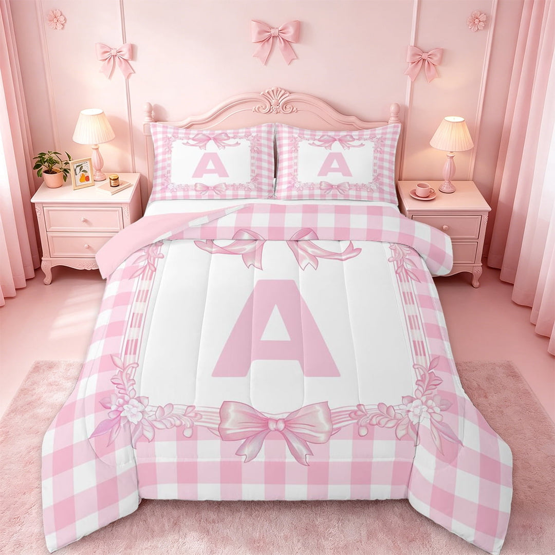 jejeloiu Pink Bowknot Full Size Comforter Sets,Letter A Monogrammed Bedding Sets For Girls Kids Reversible 3pcs