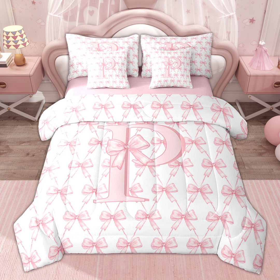 Erosebridal Kid Cartoon Initial P Twin Bedding Sets, Pink Princess Bow Bedding Comforter Set, 7-Piece