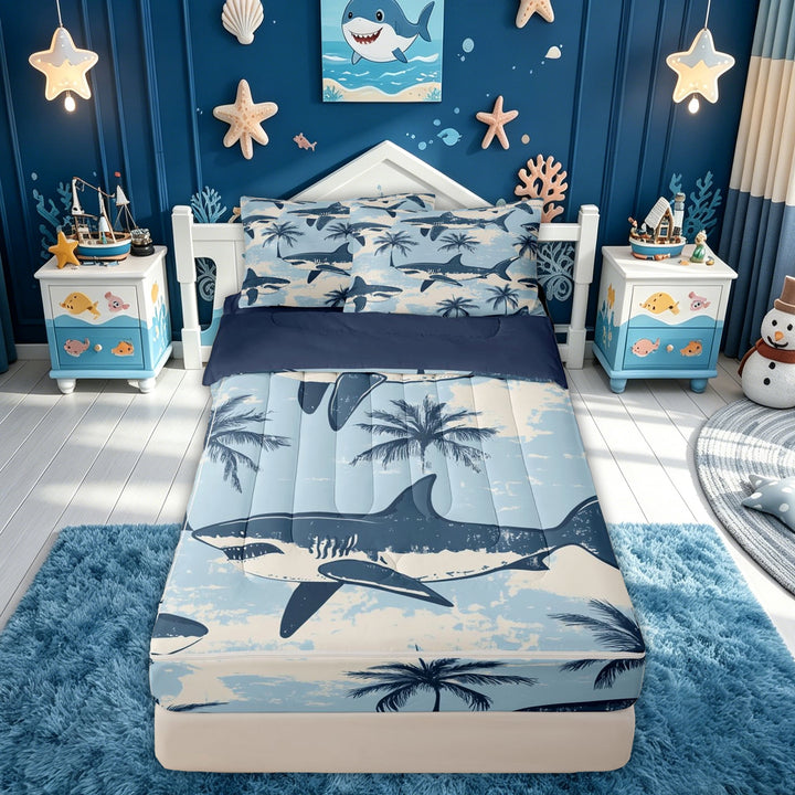 meiyoeat Palm Tree Coastal Shark Zipper Comforter Set with Fitted Sheet and 2 Pillowcases for Boys Girls, Beach Summer Ocean Wildlife Zipper Bedding Set, Sky Blue, Blue Reversible, 3-Piece