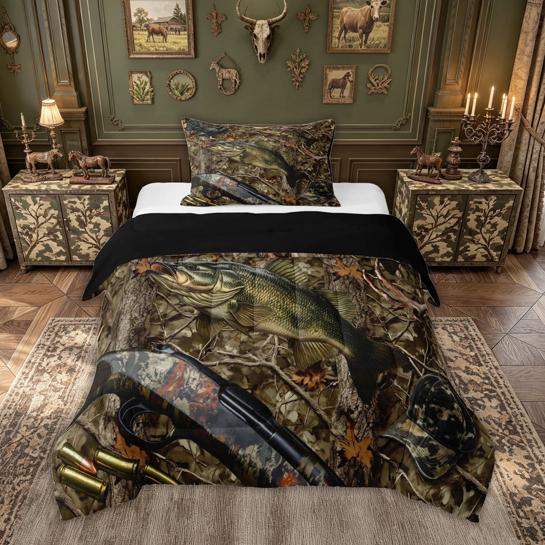 meiyoeat Farmhouse Outdoor Hunting Full Size Comforter Sets for Men Boys, Camo Forest Branches Bedding Comforter Set, Brown Green, Black Reversible, 3-Piece, 1 Comforter and 2 Pillowcases