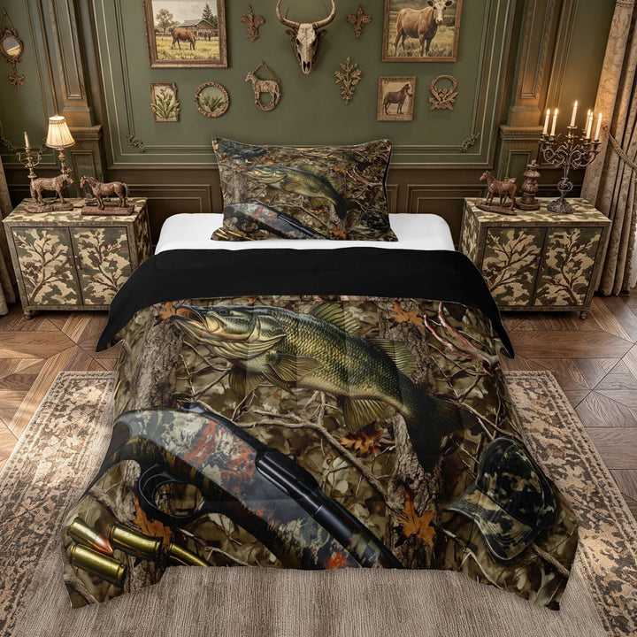 meiyoeat Farmhouse Outdoor Hunting Full Size Comforter Sets for Men Boys, Camo Forest Branches Bedding Comforter Set, Brown Green, Black Reversible, 3-Piece, 1 Comforter and 2 Pillowcases
