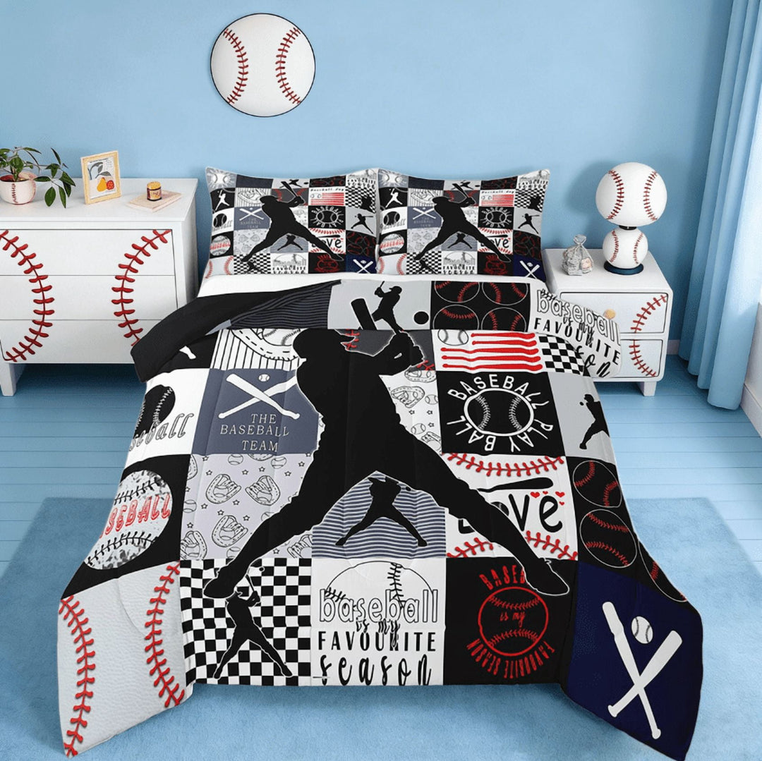 Manfei Boys Baseball Full Size Comforter Sets,Ball Sports Baseball Games Bedding Sets For Teen European Softball Player Fan Reversible 3-Piece