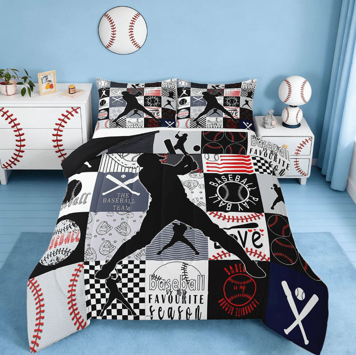 Manfei Boys Baseball Full Size Comforter Sets,Ball Sports Baseball Games Bedding Sets For Teen European Softball Player Fan Reversible 3-Piece