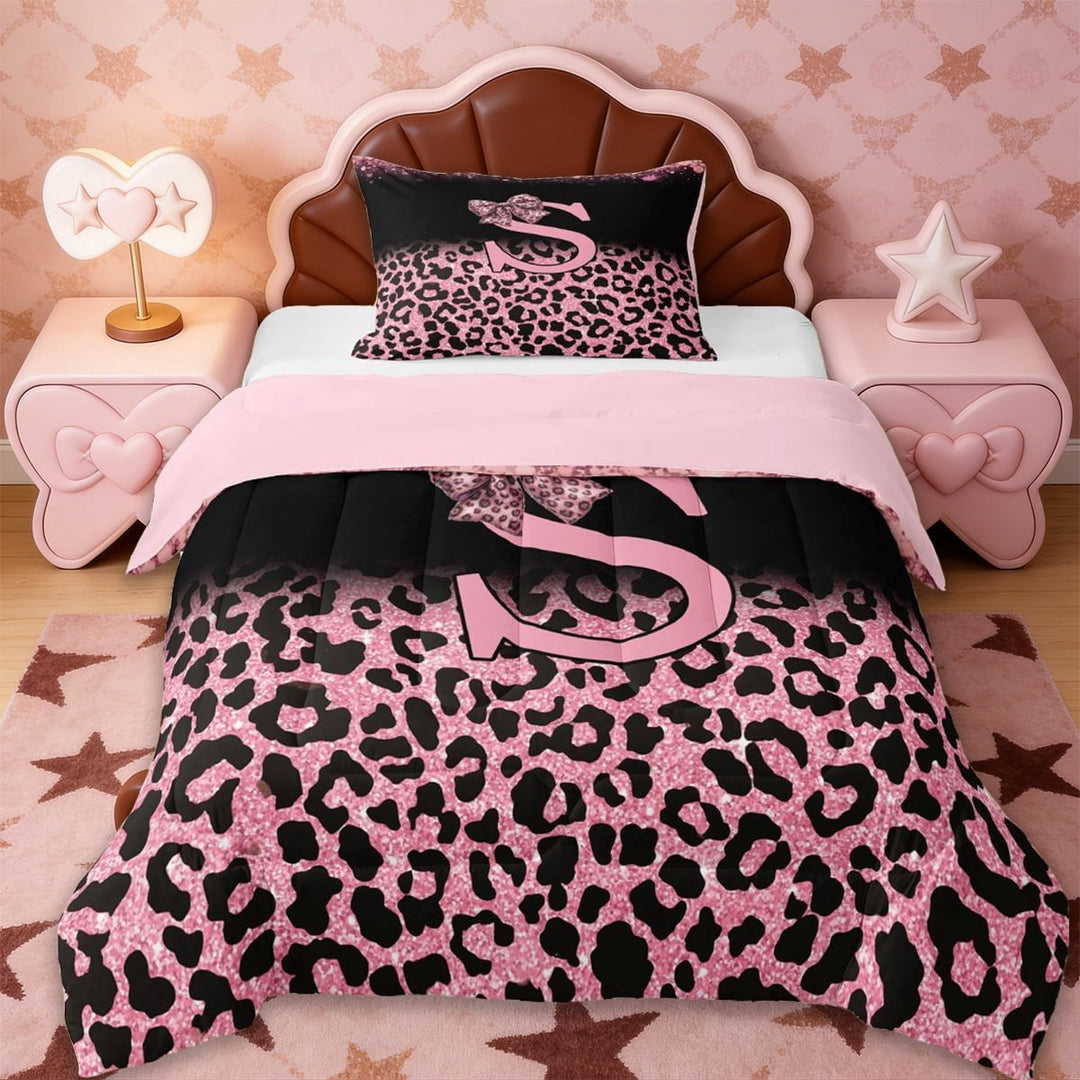 Erosebridal Fashion Leopard Printed Twin Comforter Sets,Pink Cheetah Pattern S Alphabet Bedding Set For Kids Girls,Reversible pink,2 Pieces