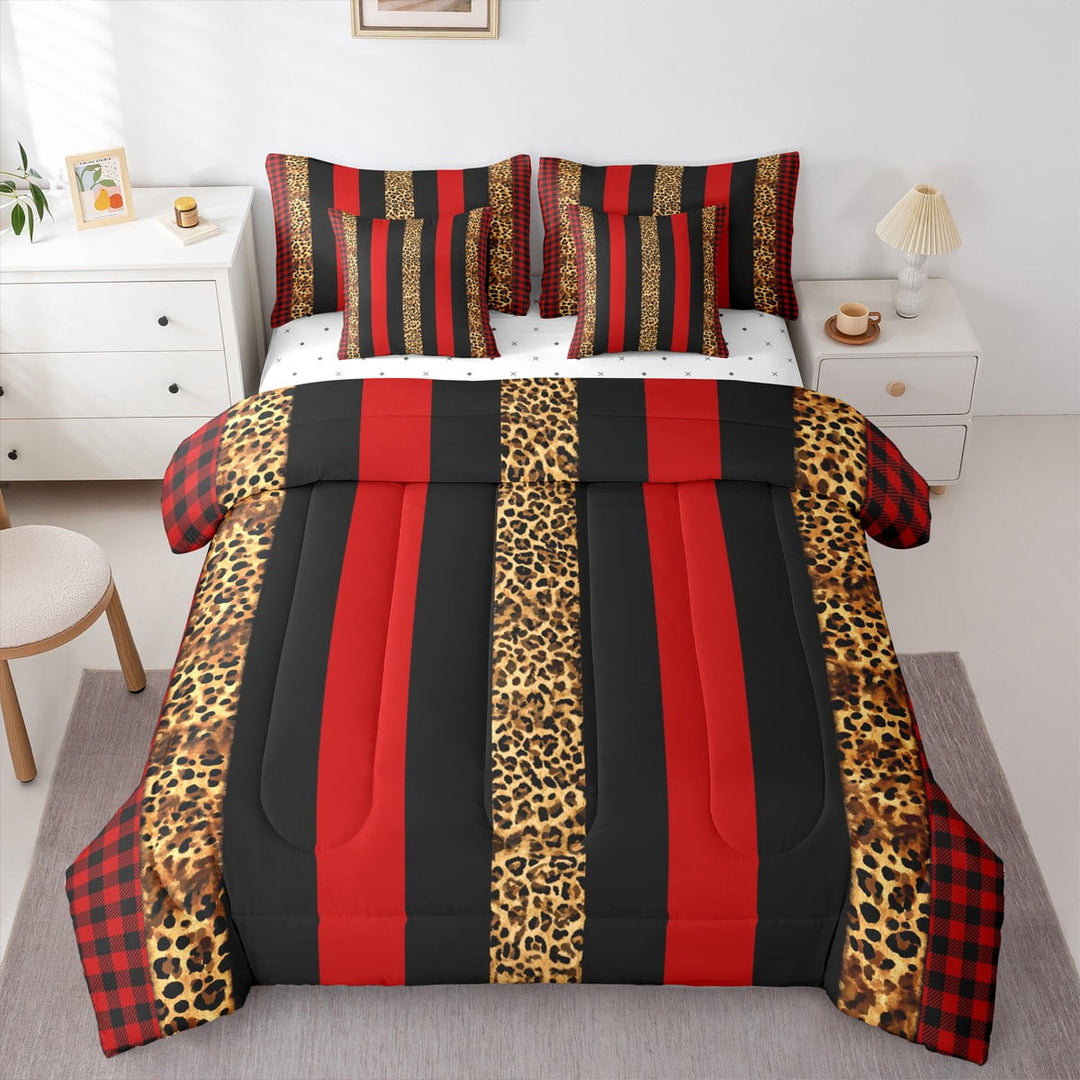 Brown Leopard Comforter Set 7pcs for Men Women, Black Red Plaid Stripes Bedding Queen Size, Animal Bed Set with 1 Comforter,1 Fitted Sheet,1 Flat Sheet,2 Pillowcases,2 Throw Pillow Cover