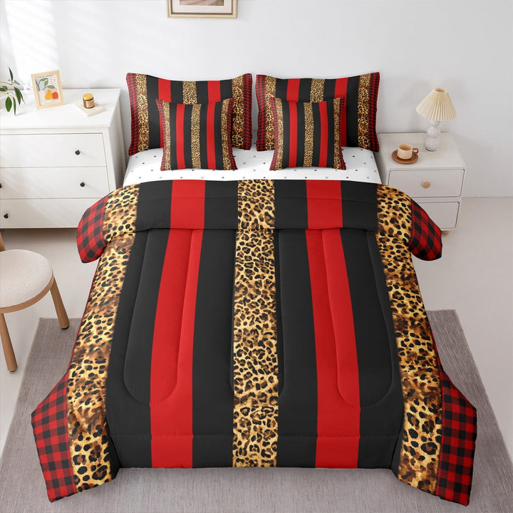 Brown Leopard Comforter Set 7pcs for Men Women, Black Red Plaid Stripes Bedding Queen Size, Animal Bed Set with 1 Comforter,1 Fitted Sheet,1 Flat Sheet,2 Pillowcases,2 Throw Pillow Cover