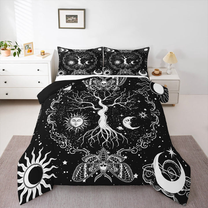Erosebridal Tree of Life Comforter Set Sun and Moon Bed Sets, Gothic Moth Duvet Trippy Galaxy Stars Quilt Duvet King Cosmic Celestial Stars Down Comforter, Luxury Chic Bedroom Decor 3Pcs Black White