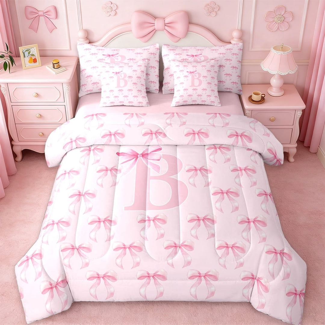 Erosebridal Coquette Bow 7-Piece Twin Bedding Sets For Kids,Pink Letter B Monogram Bedding Comforter Set,Pink Reversible