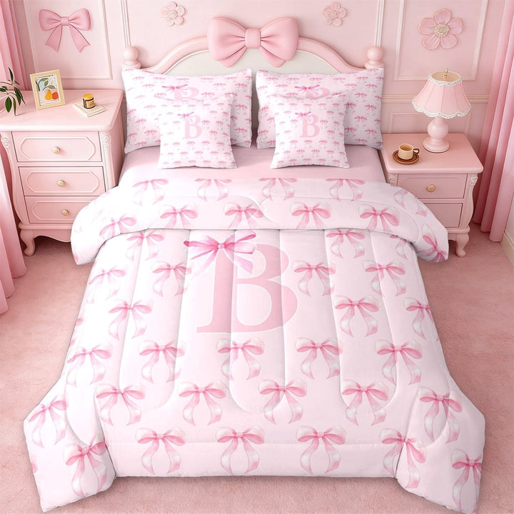 Erosebridal Coquette Bow 7-Piece Twin Bedding Sets For Kids,Pink Letter B Monogram Bedding Comforter Set,Pink Reversible