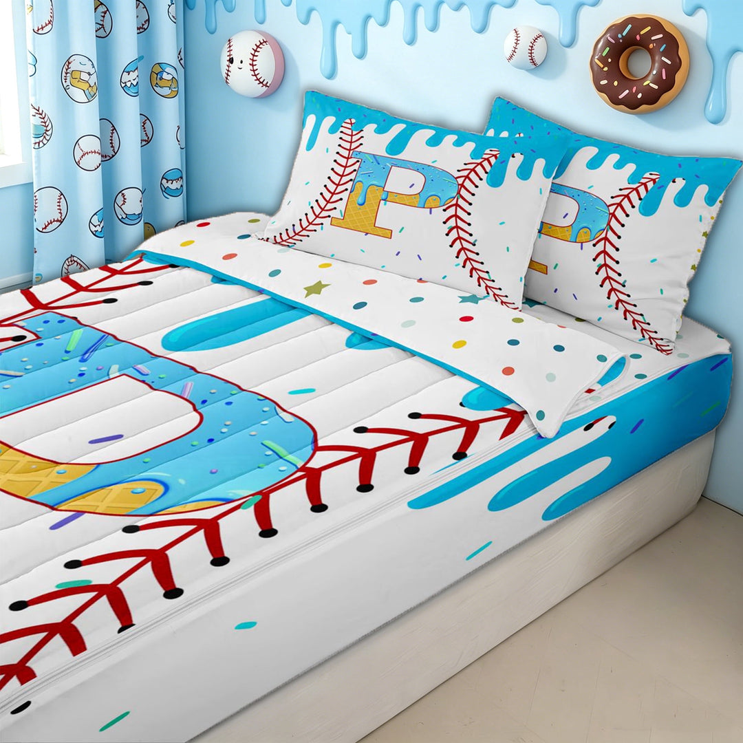 meiyoeat Drip Ice Cream Letter P Zipper Twin Comforter Sets with Fitted Sheet and 2 Pillowcases for Kids Girls, Sprinkle Baseball Zipper Bedding Set, Blue Yellow, Polkadot Reversible, 4 Pieces