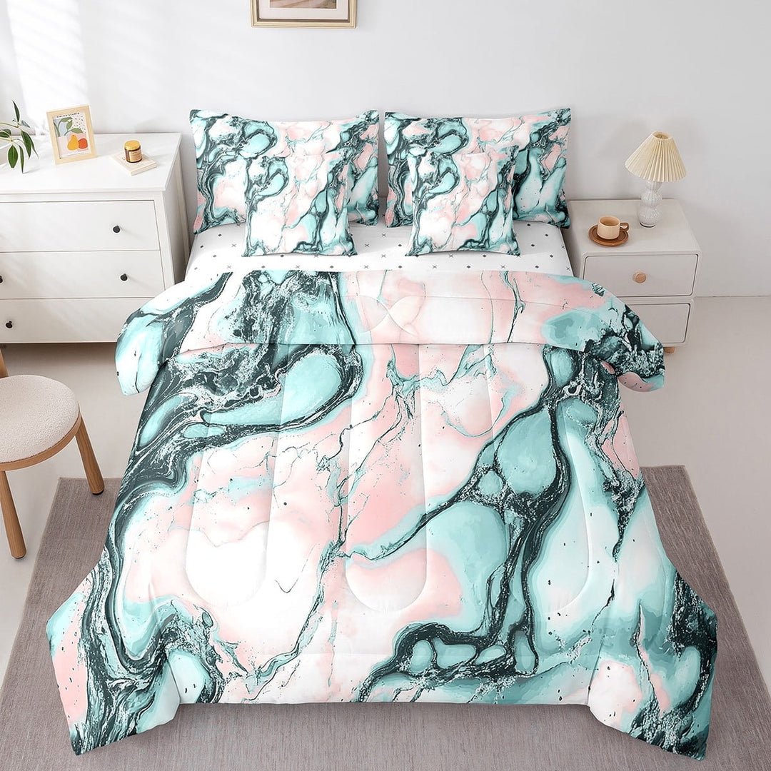 Marble Comforter 7 Pieces Stone Pattern Fluid Bedding Set Watercolor Marbling Texture Sheet Set Modern Abstract Art Bed Set Full Size,Pink Blue