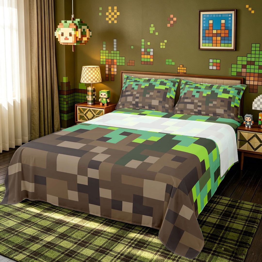 meiyoeat Vintage Grass Block Bed Sheets for Kids, Game Pixel Terrain Full Size Sheets for Bedroom, Green Brown, 4pcs