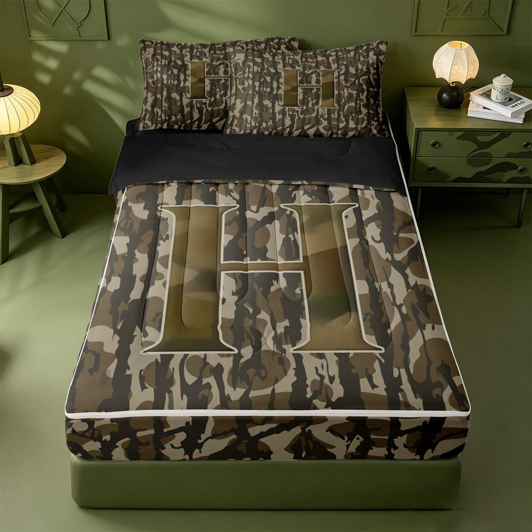 meiyoeat Camouflage Letter H Zipper Full Size Comforter Sets with Fitted Sheet and 2 Pillowcases For Kids,Rustic Farmhouse Camouflage Hunting Zipper Bedding Set For Men,Black Reversible,4-Piece