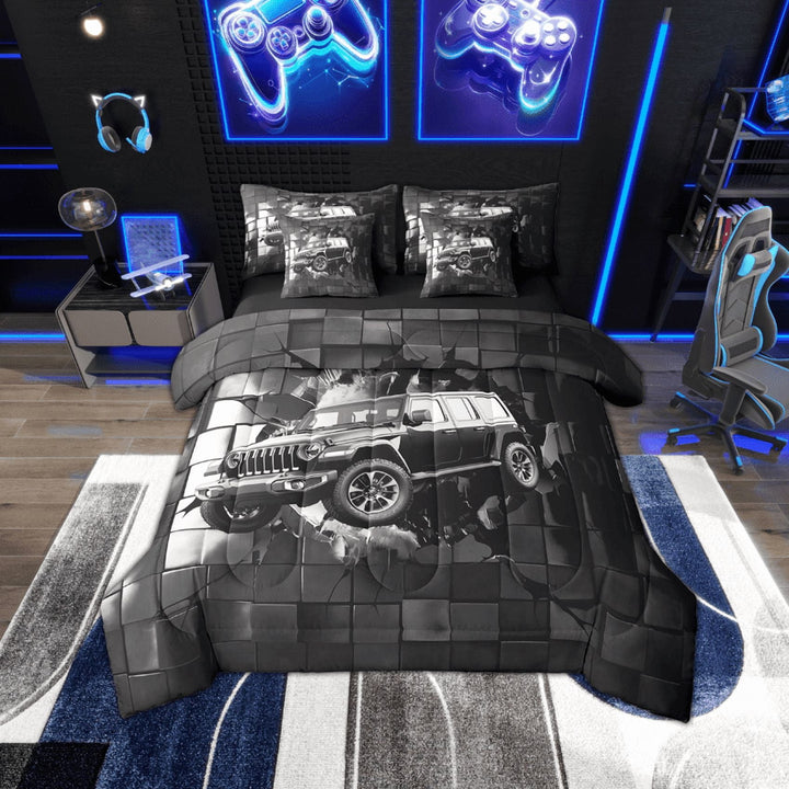 Erosebridal Black Sport Car Bedding Sets Twin Size,Geometric Plaid Comforter Sets with Sheets,Extreme Sports Bed in a Bag Twin size,Microfiber Buffalo Room Decor,Reversible,7-Piece
