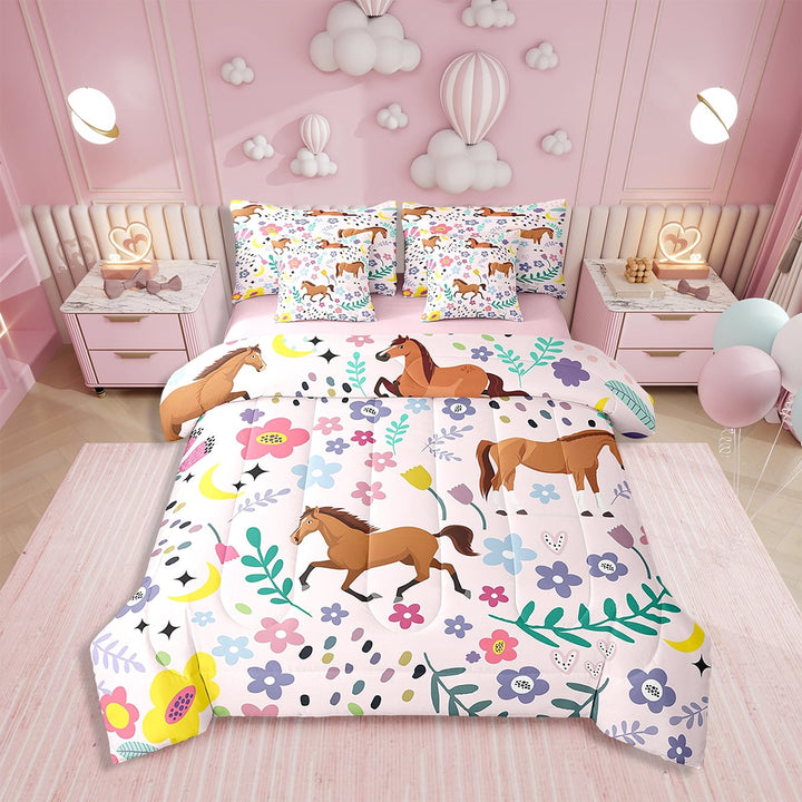7-Pcs Floral Horse Bedding Set , Twin Size Comforter Set with Sheets and Pillowcase, 7-Pcs Soft Lightweight Bed in a Bag,Rustic Animal Bed Set,Western