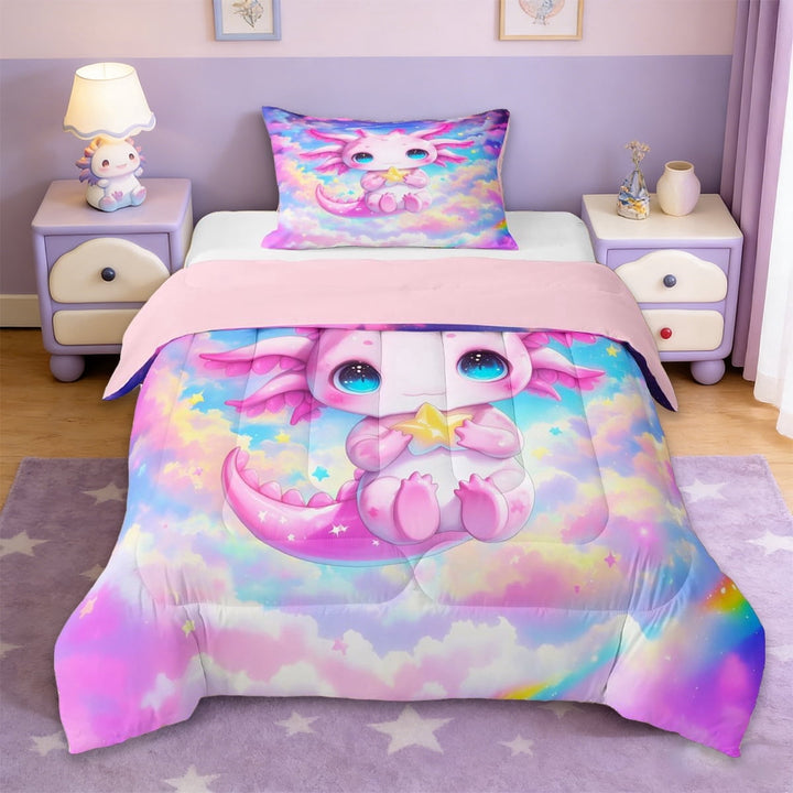 Erosebridal Cartoon Pink Axolotl Twin Comforter Sets,Colorful Sky Galaxy Starry Night Bedding Set, Reversible 2pcs