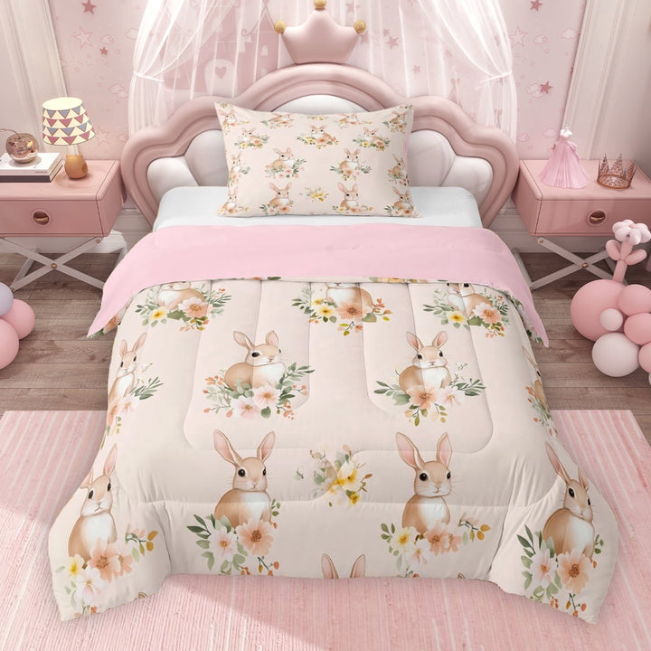 Erosebridal Easter Bunnies Twin Comforter Sets for Kids Girls, Pink Floral Bedding Set, Pink Reversible 2 Pieces, 1 Comforter and 1 Pillowcase