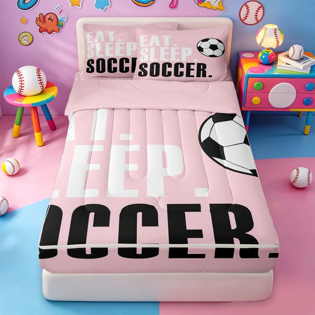 meiyoeat Girls Football Sports Zipper Twin Comforter Sets with Fitted Sheet and 2 Pillowcases For Ball Lover,Kids Soccer Games Gaming Zipper Bedding Set,Pink Reversible,4-Piece