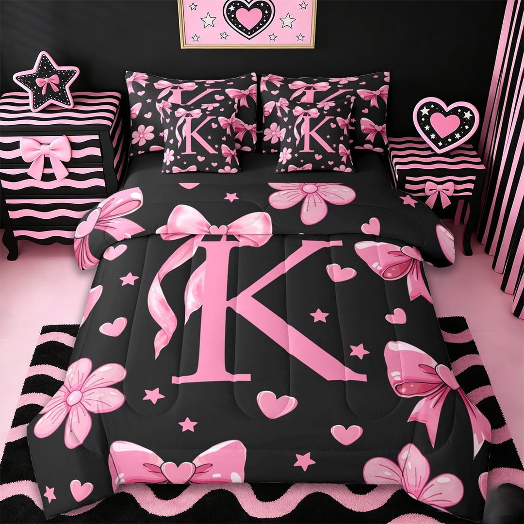 Erosebridal Cartoon Bow Tie Printed 7-Piece Twin Bedding Sets,Ribbon Bowknot Pink Monogrammed K Bedding Comforter Set For Girls Kids,Reversible black