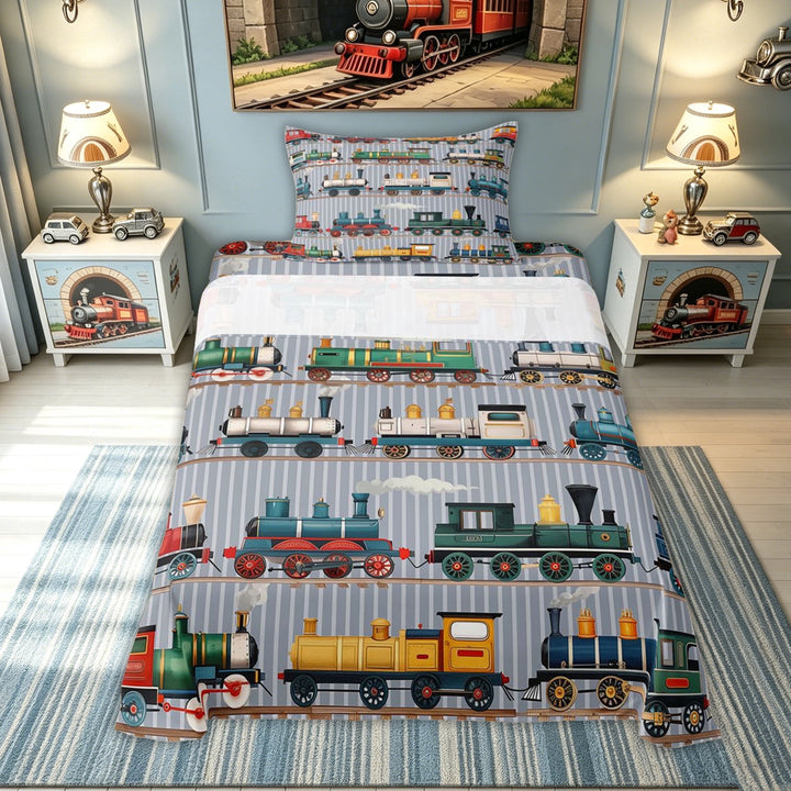 meiyoeat Vintage Steam Train Bed Sheets for Kids Boys, Retro Locomotive Car Full Size Sheets, Multicolor Gray, 4-Piece