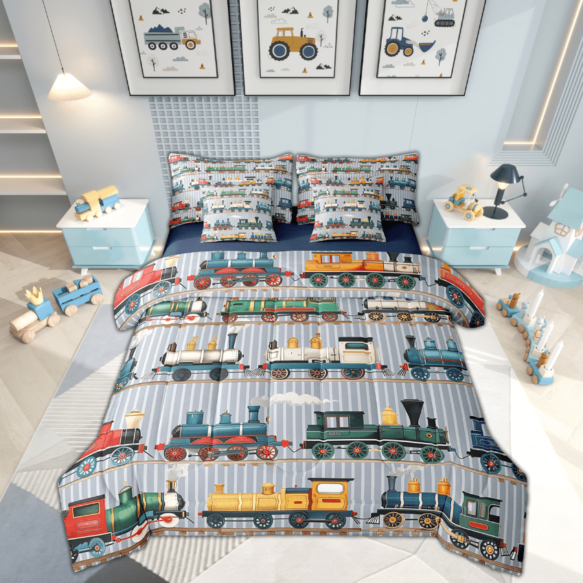 Train Comforter Set Twin Size Colorful Steam Engine Train Bedding Sets(1 Comforter, 1 Flat Sheet 1 Fitted Sheet 2 Pillowcases And 2 Throw Pillow Covers)Gray, Green, Blue, Yellow, White
