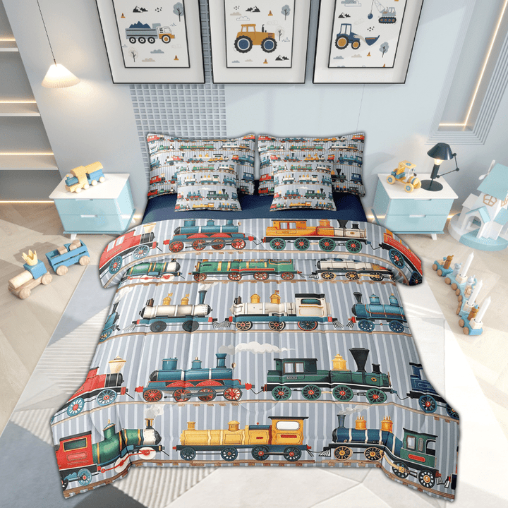 Train Comforter Set Twin Size Colorful Steam Engine Train Bedding Sets(1 Comforter, 1 Flat Sheet 1 Fitted Sheet 2 Pillowcases And 2 Throw Pillow Covers)Gray, Green, Blue, Yellow, White