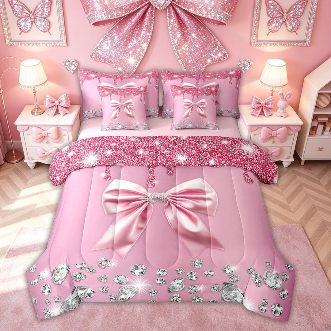 Meiyoeat Fashion Dripping Glitz Bow Bedding Comforter Set for Women Girls, Pink Sparkle Diamond Full Bedding Set, Pink Reversible, 7 Pieces
