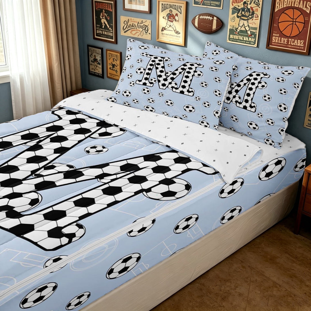 meiyoeat Sport Soccer Letter M Zipper Full Size Comforter Sets with Fitted Sheet and 2 Pillowcases for Boys, Blue Cartoon Ball Theme Zipper Bedding Set, Reversible, 4-Piece