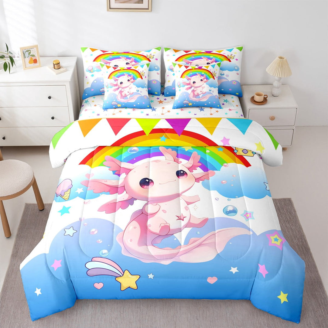 Erosebridal Kawaii Axolotl Bedding Twin Size,Magic Animal Bed Set,Rainbow Stars Triangle Bedding Sets Twin Size For Girls,Microfiber Bedroom Decoration Reversible,7pcs