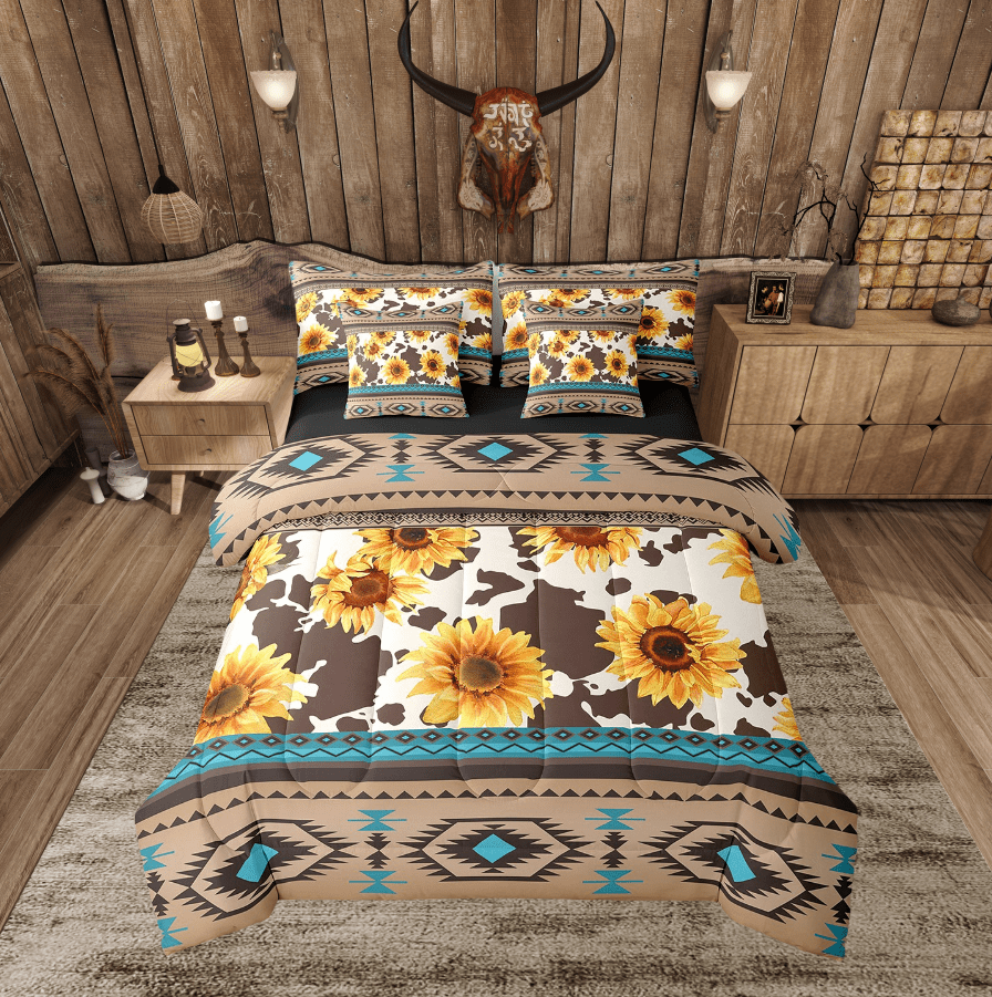 Sunflower Cow Print Bedding Set Western Cowhide Queen Comforter Set 7 Piece Southwestern Aztec Bed In A Bag Adults Men,Boho Rustic Farmhouse Bed Set Teal Brown