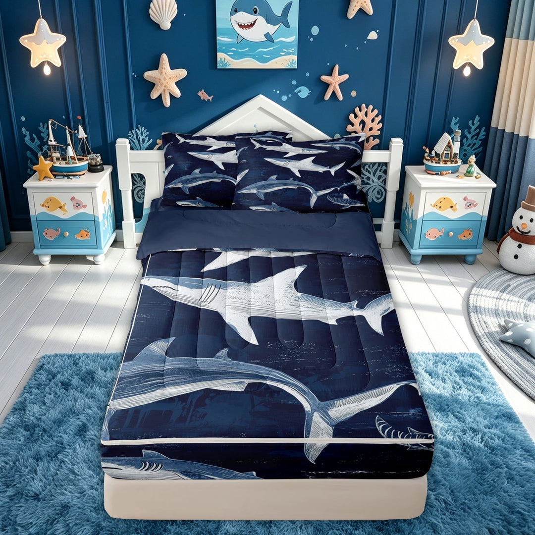 meiyoeat Line Shark Zipper Comforter Set with Fitted Sheet and 2 Pillowcases for Kids Boys Girls, Coastal Marine Animal Zipper Bedding Set, Navy, Blue Reversible, 3pcs