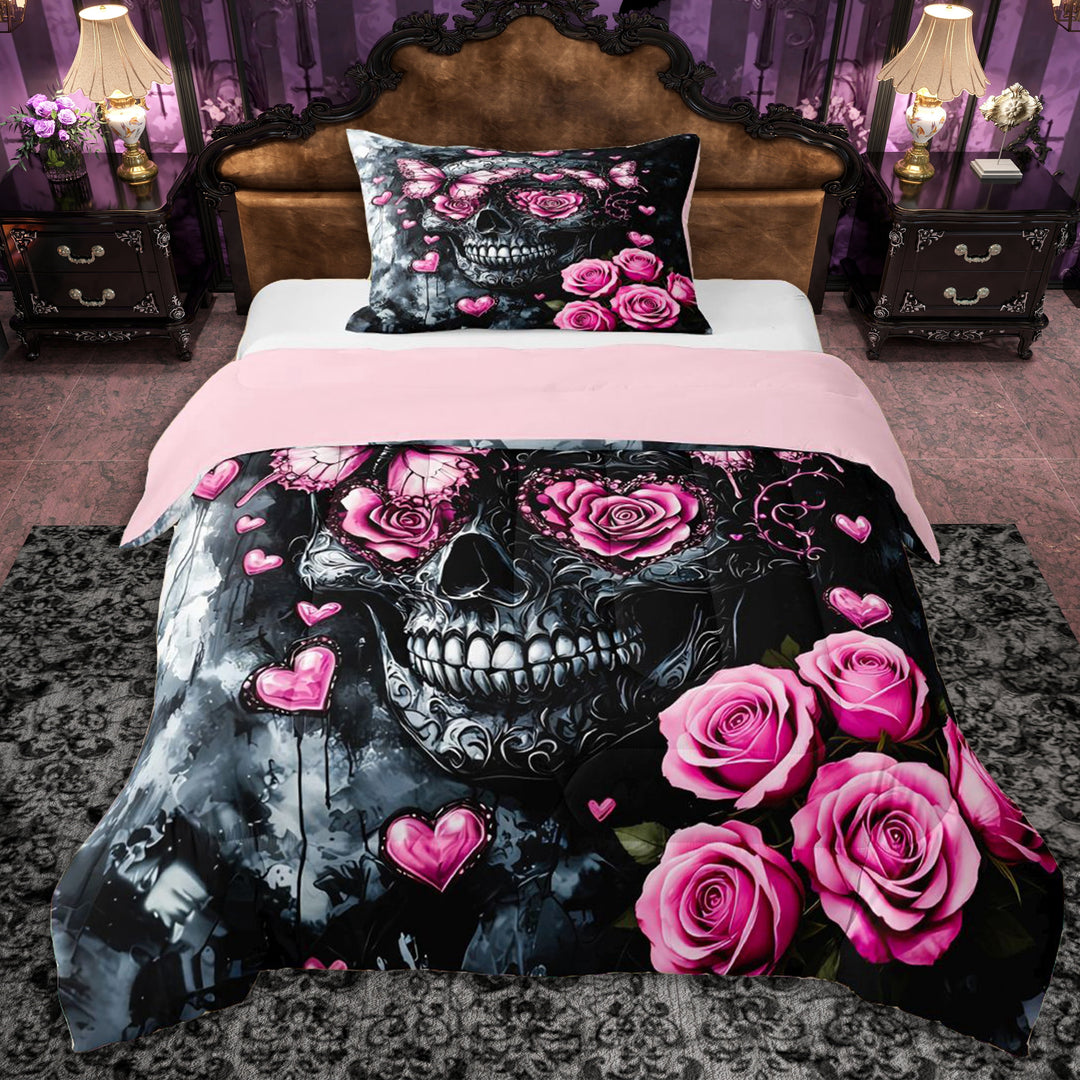 Erosebridal Teens Pink Rose Sugar Skull Twin Comforter Sets 3-Piece,Gothic Flowers Butterflies Bedding Set for Boys Girls,Pink Reversible,Super Cozy Room Decor