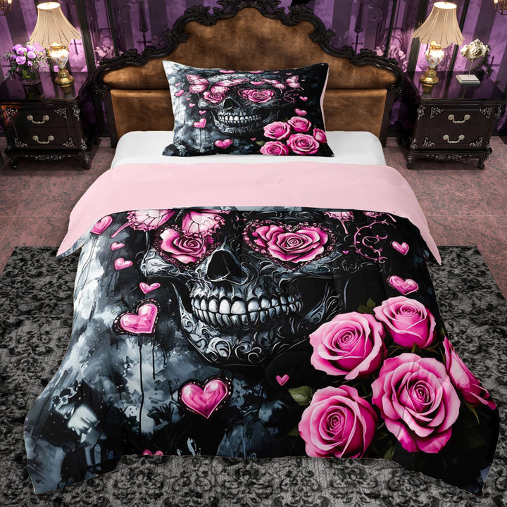 Erosebridal Teens Pink Rose Sugar Skull Twin Comforter Sets 3-Piece,Gothic Flowers Butterflies Bedding Set for Boys Girls,Pink Reversible,Super Cozy Room Decor