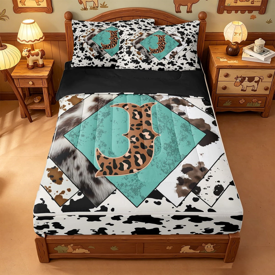 meiyoeat Cattle Pattern Monogram J Zipper Full Size Comforter Sets with Fitted Sheet and 2 Pillowcases For Boys,Rustic Leopard Print Zipper Bedding Set,Black Reversible,4 Pieces