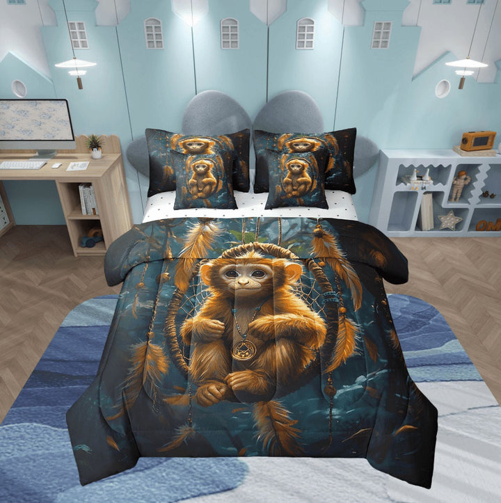 Gold Monkey Bed in a Bag Queen Comforter Set 7 Piece,Dream Catchers Bedding Sets,Boho Feather Sheet Set with Comforter Woodland Animals Bed Set,Exotic Bohemian Decor