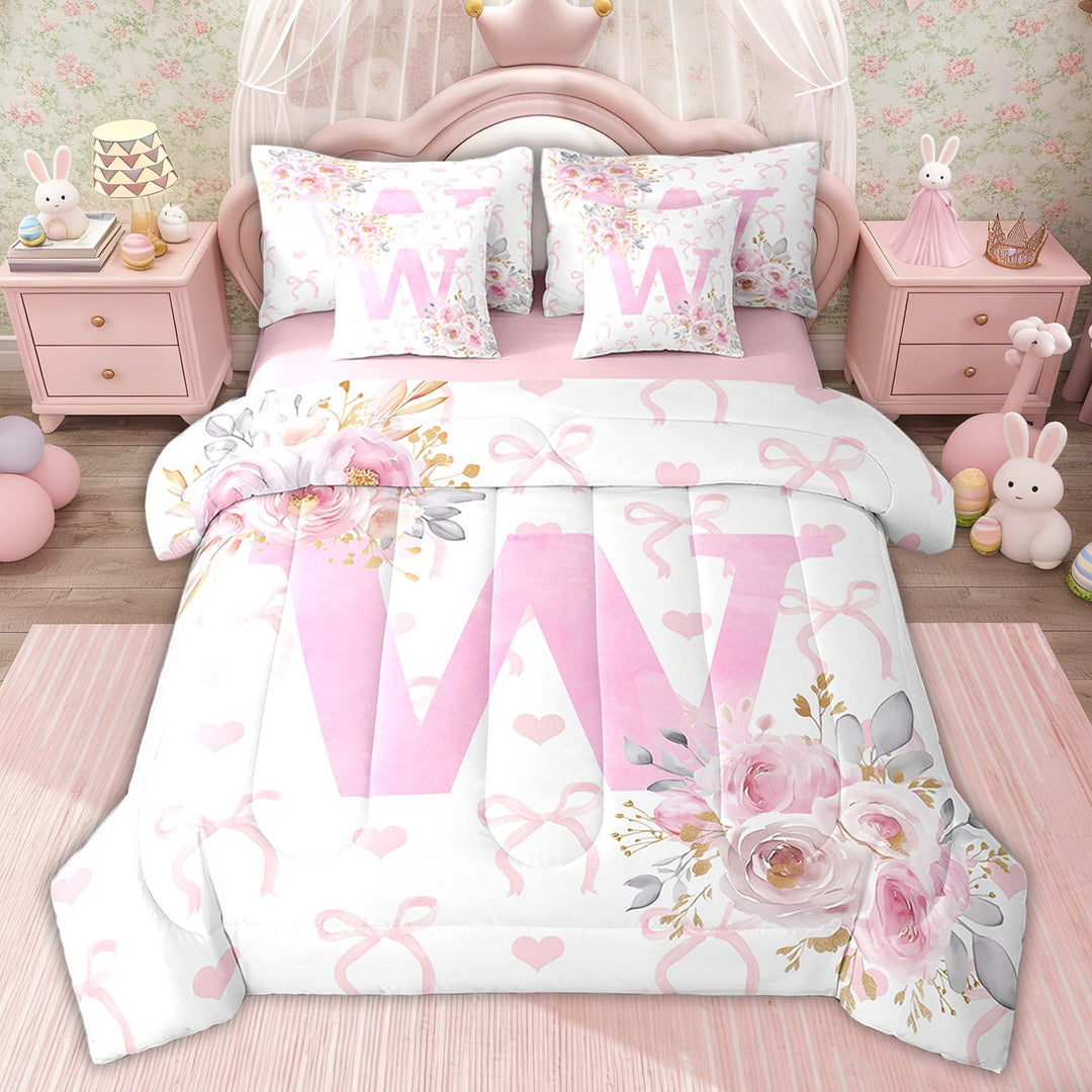 Erosebridal Girls Dreamy Initial A-Z Bed in a Bag Twin size, Initial Letter W Bed Set, Pink Rose Decor, Pink Reversible 7pcs