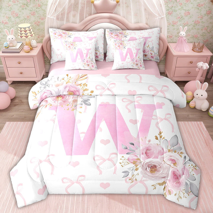 Erosebridal Girls Dreamy Initial A-Z Bed in a Bag Twin size, Initial Letter W Bed Set, Pink Rose Decor, Pink Reversible 7pcs