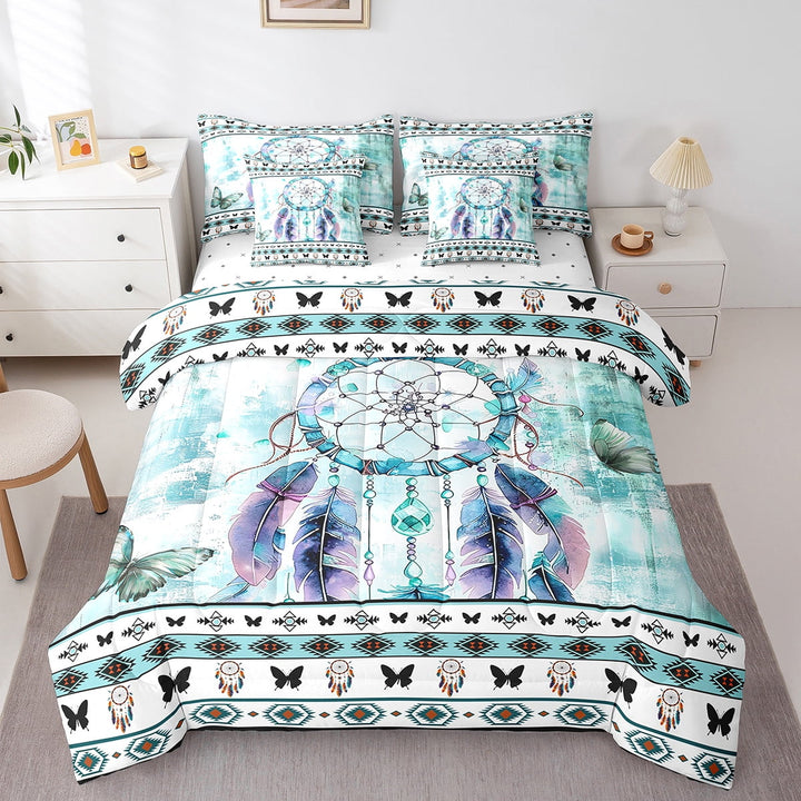7-Piece Bohemian Dreamcatcher Bedding Twin Size Hippie Aztec Comforter Set,Teal Ombre Bedding Comforter Sets Blue Butterfly Bed in a Bag,Watercolor Gradient Bedding