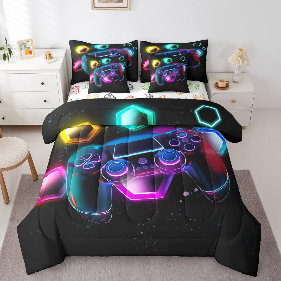 Gaming Comforter Set 7 Piece Bed in a Bag Twin,Gamer Bedding Sets Neon Lights Abstract Geometry Honeycomb Sheet Set with Comforter Gamer Room Decor for Boys