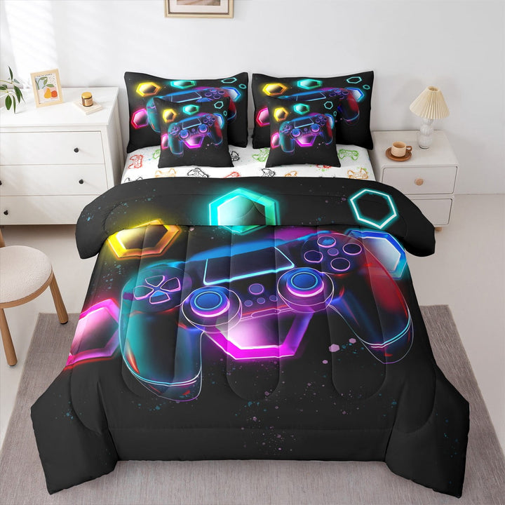 Gaming Comforter Set 7 Piece Bed in a Bag Twin,Gamer Bedding Sets Neon Lights Abstract Geometry Honeycomb Sheet Set with Comforter Gamer Room Decor for Boys