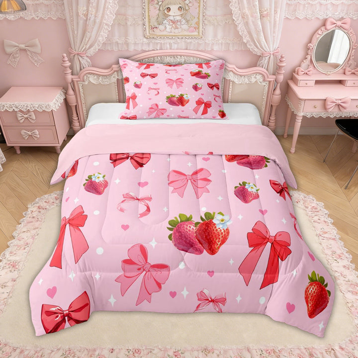 Erosebridal Pink Strawberry Bow Twin Comforter Sets for Girls, Cute Strawberry Ribbon Bedding Set, Pink Reversible, 2 Pieces