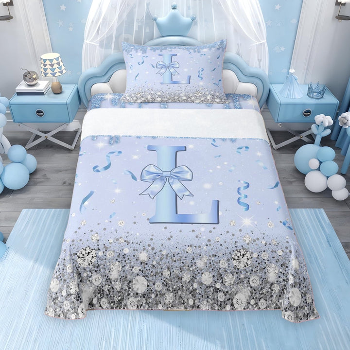 Erosebridal Blue Sparkle Sequins Print Twin Sheet Sets for Girls, Monogrammed L Bedding, 3pcs, 1 Flat Sheet, 1 Fitted Sheet and 1 Pillowcase